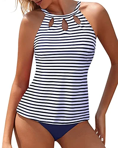 SwimpeakTwo Piece Bathing Suit Flattering Design Backless Tankini-Blue White Stripe