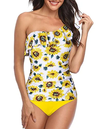 SwimcropFlounce Trimmed Tankini One Shoulder Swimsuits For Women-Yellow And Sunflower