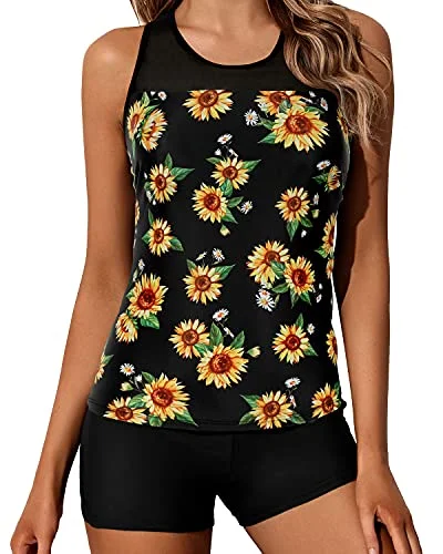 SwimhueFlattering Racerback Tankini Set Mid-Waist Swim Shorts-Black And Sunflower