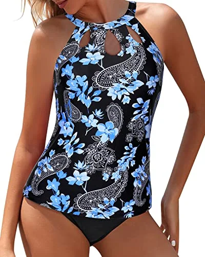 SwimcrispTummy Control High Neck Tankini High Waisted Swim Shorts-Black Floral