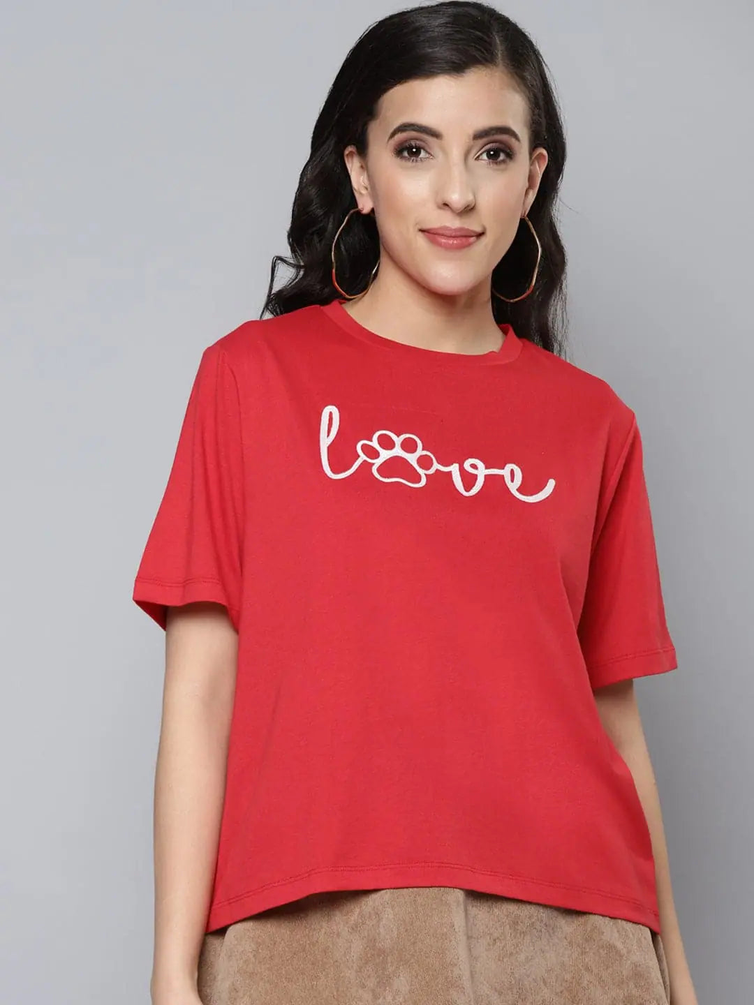 Women Red LOVE Embroidery Regular T-ShirtFringed T-Shirts