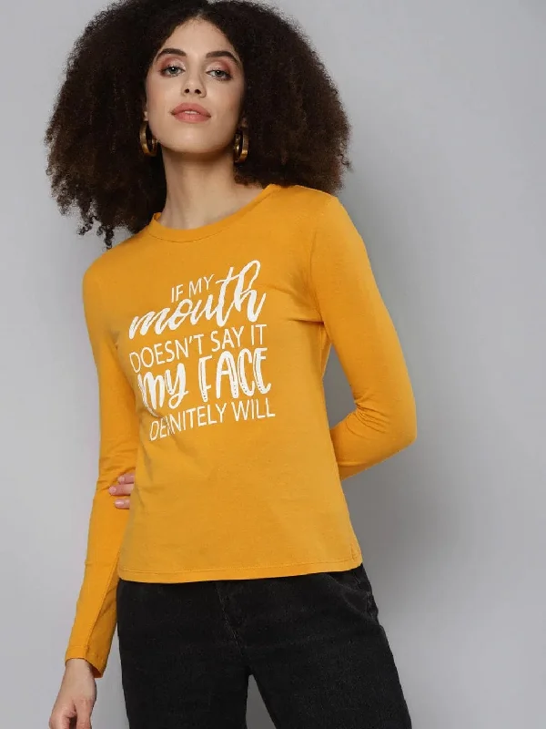 Mustard Screen Print Full Sleeve T-ShirtZippered T-Shirts