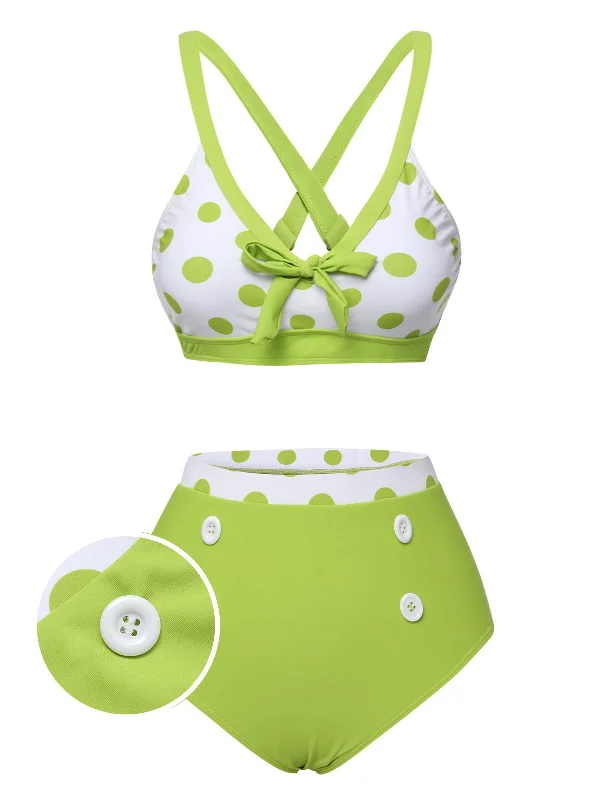 Green 1950s Polka Dot V-Neck Swimsuit