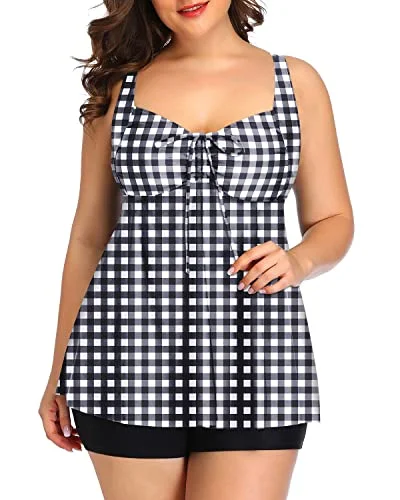 SwimracerbackPlus Size 2 Piece Swimwear For Women Tankini And Boy Shorts-Black And White Checkered