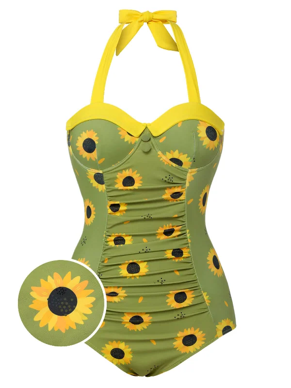 Green 1930s Sunflowers Halter Swimsuit