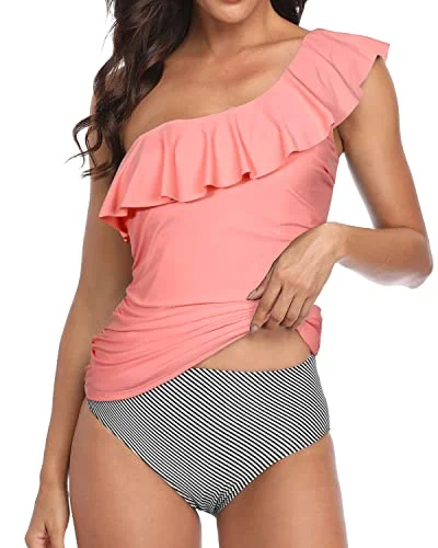 SwimcrisscrossTummy Control Bathing Suit Tankini Set Triangle Briefs-Coral Pink Stripe