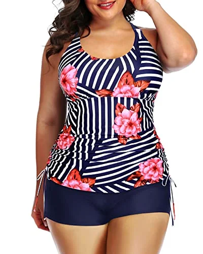 SwimfutureWomen's Plus Size Tankini Swimsuit Top Shorts Athletic 2 Piece Swimwear-Blue Floral