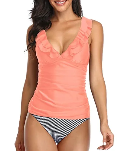 SwimedgeWomen's Plunging Deep V Neck Swimwear Ruched Design-Coral Pink Stripe