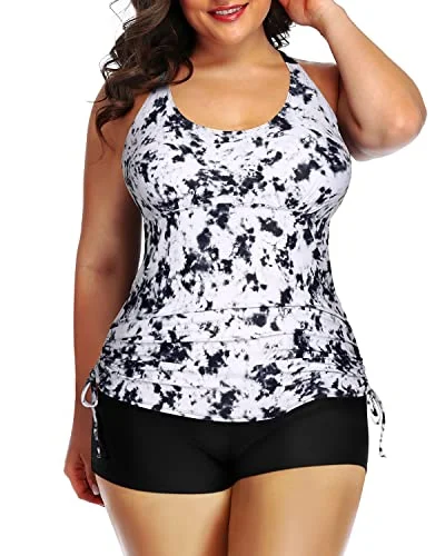 SwimclassicPlus Size Two Piece Ruched Swimsuit Tummy Control-Black And White Tie Dye