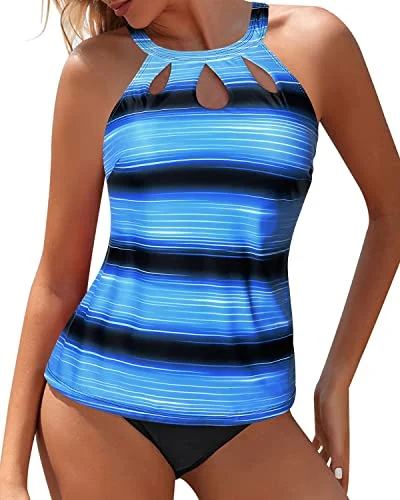 SwimcoolFlattering Keyhole High Neck Tankini Swimsuit For Women-Blue And Black Stripe