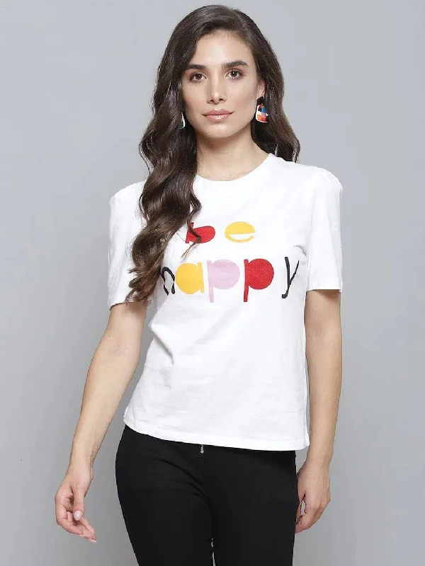 White BE HAPPY Print Puff Sleeve T-ShirtUV-Protection T-Shirts