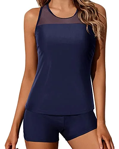 SwimsoftSporty Boyleg Tankini Bathing Suit Tops For Women Shorts-Navy Blue