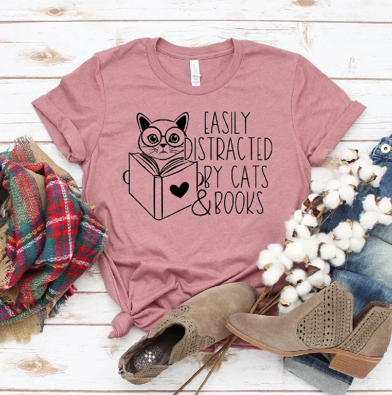 Easily Distracted By Cats & Books T-shirtDesigner T-Shirts