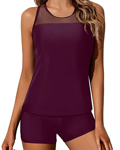 SwimfreshSexy Mesh Patchwork Tankini Swimsuits For Women Shorts-Maroon