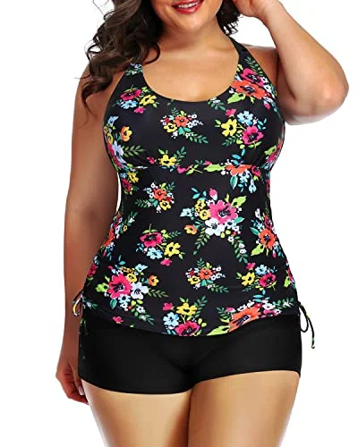 SwimhighWomen's Plus Size Tankini Swimsuit Shorts Athletic 2 Piece Swimwear-Black Floral