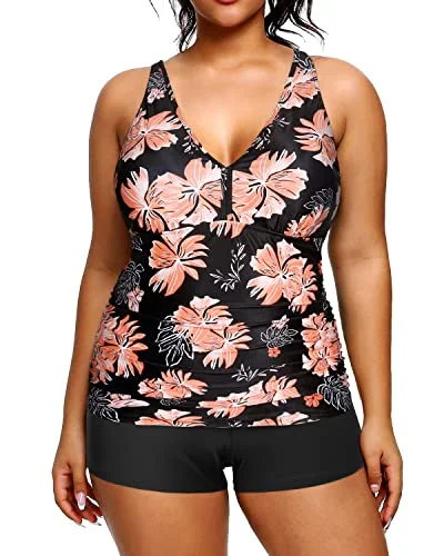 SwimcleanTwo Piece Plus Size Tankini Shorts Bathing Suits For Women-Black Orange Floral