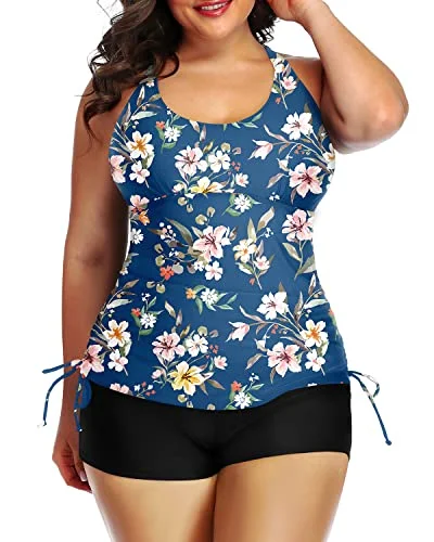 SwimnowWomen's Plus Size Flattering Tankini Set To Hide Mom Belly 2 Piece Swimwear-Blue Flower