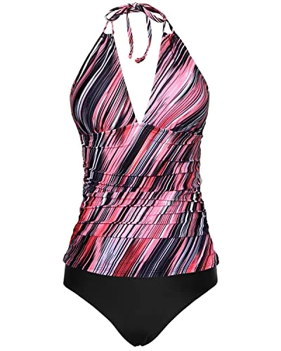 SwimmoveOpen Back Halter Tankini Swimsuits Tummy Control Bathing Suits-Pink Stripe