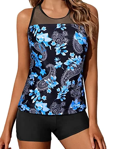 SwimnewWomen's Modest Two Piece Bathing Suits See-Through Mesh Top-Black Floral