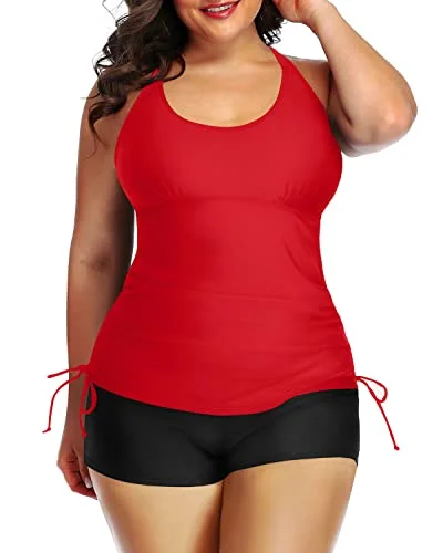 SwimcrispAthletic Women Plus Size Tankini Swimsuit Bathing Suit Top Shorts-Neon Red