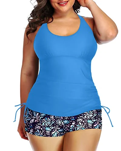 SwimcoolPlus Size Strappy Tankini Top Boyleg Shorts Two Piece Ruched Swimsuit-Light Blue