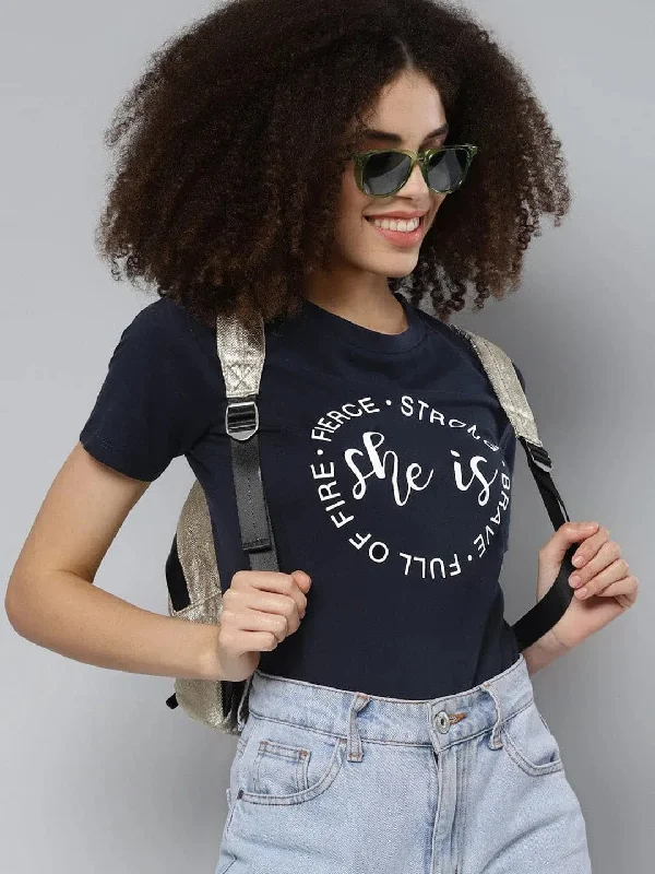 Navy SHE IS STRONG Print Round Neck T-ShirtCycling T-Shirts