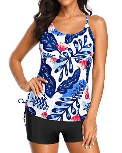 SwimflowAdjustable Strappy Back Athletic Tankini Swimsuits For Women-White And Blue Floral