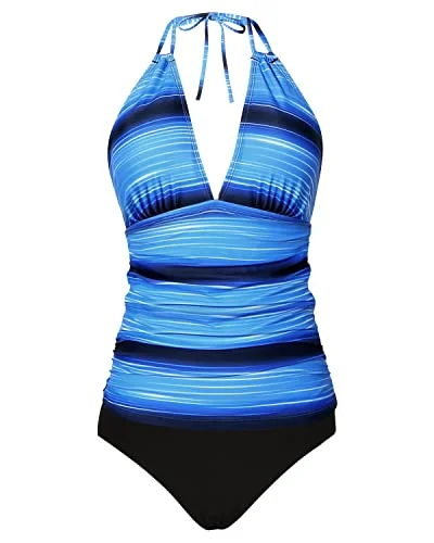 SwimbeamWomen's Halter Tankini V Neck Tops & Bikini Bottom Bathing Suit-Blue And Black Stripe