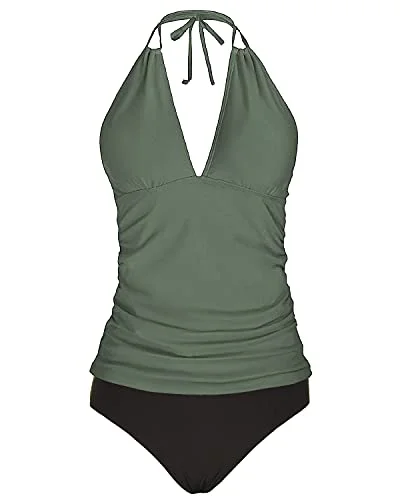 SwimlightWomen's V Neck Tankini Top Tummy Control Halter Swimsuit-Olive Green