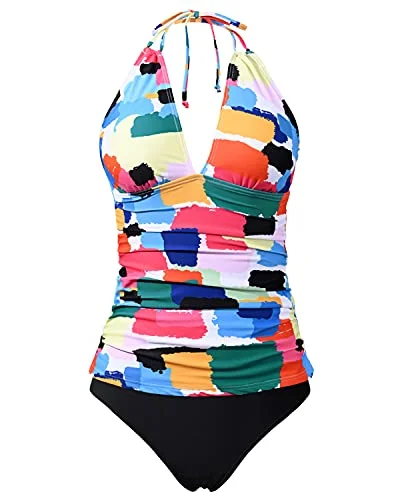 SwimbeachHalter V Neck Tankini Swimsuits Bikini Bottom Tummy Control Bathing Suits-Aqua