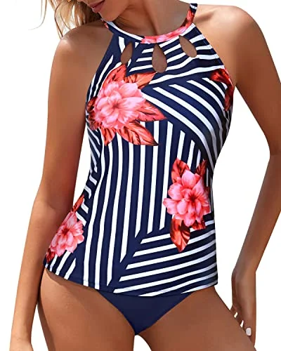 SwimtubeTwo Piecehigh Waisted High Neck Tankini Swimsuits For Women-Blue Floral