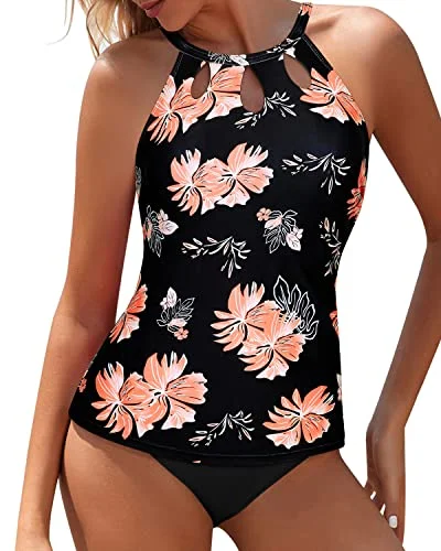 SwimbandeauTwo Piece High Neck Tankini Swimsuits For Women-Black Orange Floral