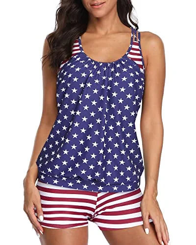 SwimsecureT-Back Blouson Tankini Top Boyshorts Athletic Two Piece Swimsuits For Women-Us Flag