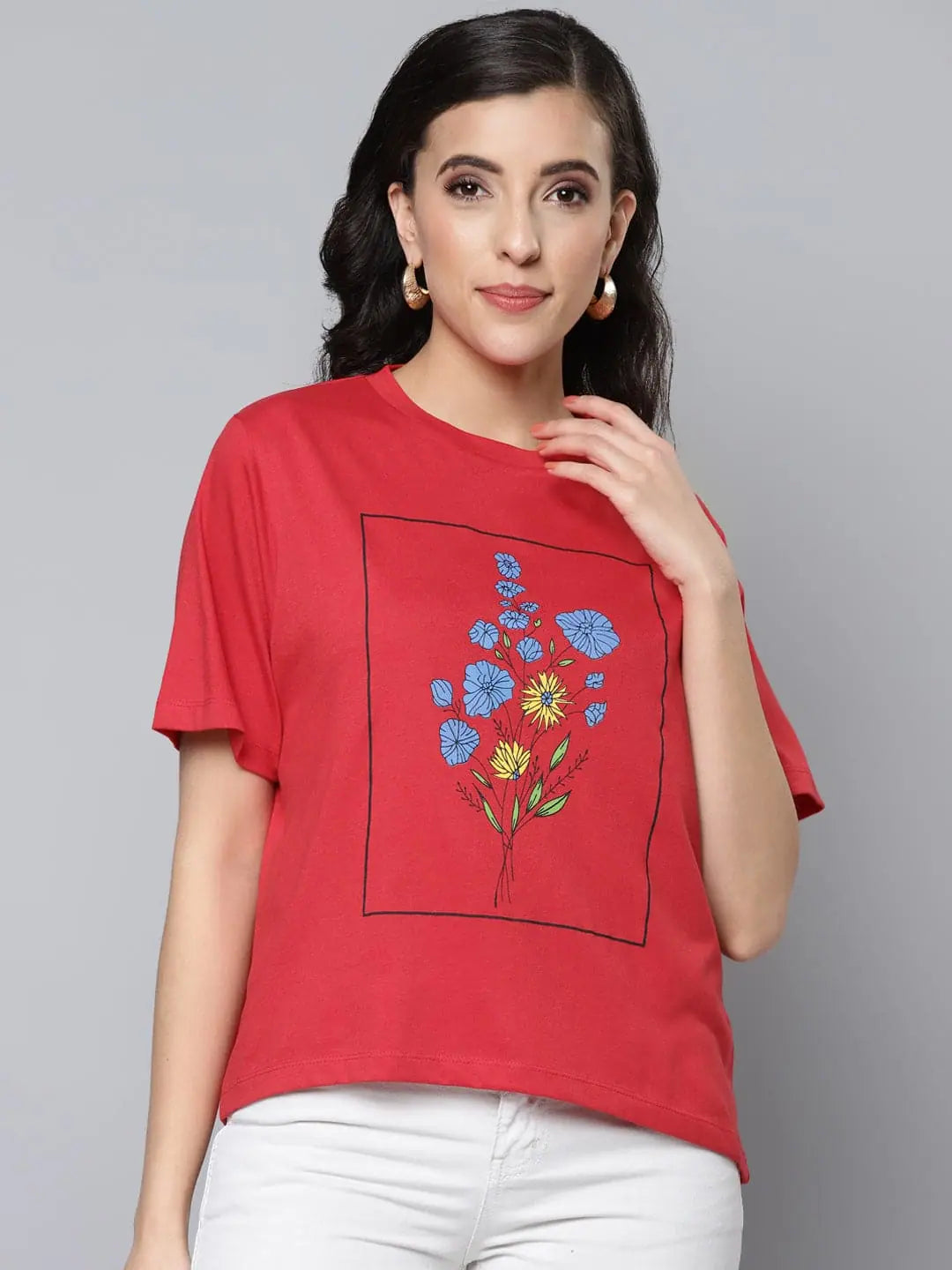 Women Red Floral Print Regular T-ShirtHemp T-Shirts