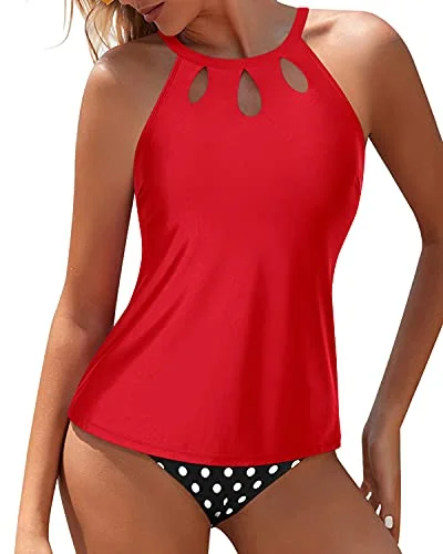 SwimshadeHalter High Neck Tankini High Waisted Swim Shorts-Red Dot