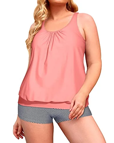 SwimwearPlus Size Blouson Tankini Boy Shorts Swimsuits For Women-Coral Pink Stripe