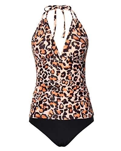 SwimlightTwo Piece Sexy V Neck Tankini Swimsuits Open Back-Black And Leopard