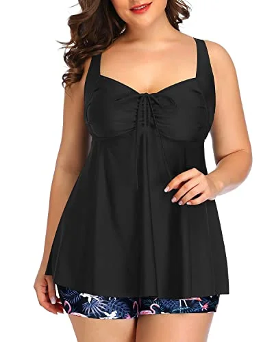 SwimhookSlimming Plus Size Tankini Swimsuits Boy Shorts For Women-Black Flamingo