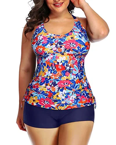 SwimmodernAthletic 2 Piece Plus Size Tankini Swimsuit Bathing Suit Top Shorts-Colorful Flower