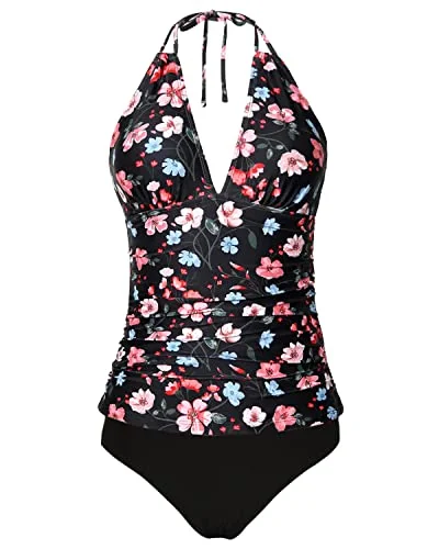 SwimsupportHalter Tankini Swimsuits Tummy Control For Women-Black And Pink Floral