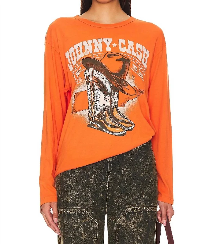 CrewneckdeviceJohnny Cash Boots And Hat Ls Crewneck Tee In Tangerine