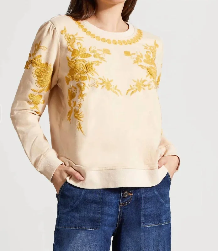 CrewnecksmartFrench Terry Crew Neck Top With Embroidery In Moonstone