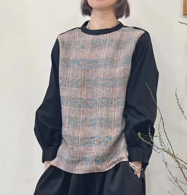 Women Loose Yarn-Dyed Plaid Color Block Linen PulloverPulloverglitter