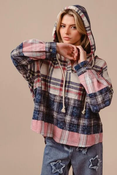 Button-Up SweatshirtsBiBi Drawstring Plaid Drop Shoulder Hoodie