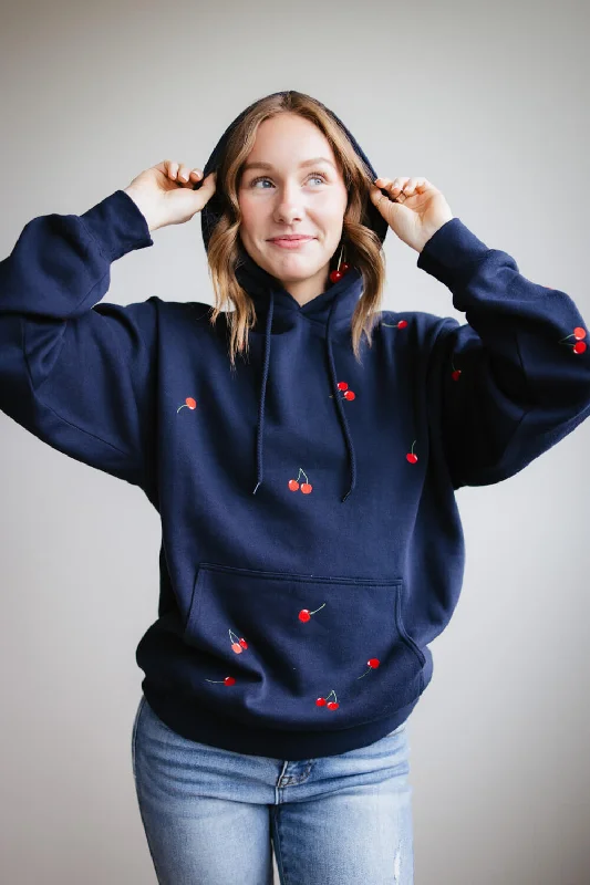 Designer Sweatshirts1897 Active All Over Print Cherry Embroidered Hoodie for Women in Navy | JT031-DEEPNAVY