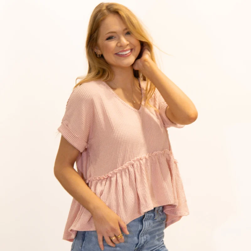 Hemp SweatshirtsShort Sleeve Ribbed V-Neck Babydoll Top in Peach