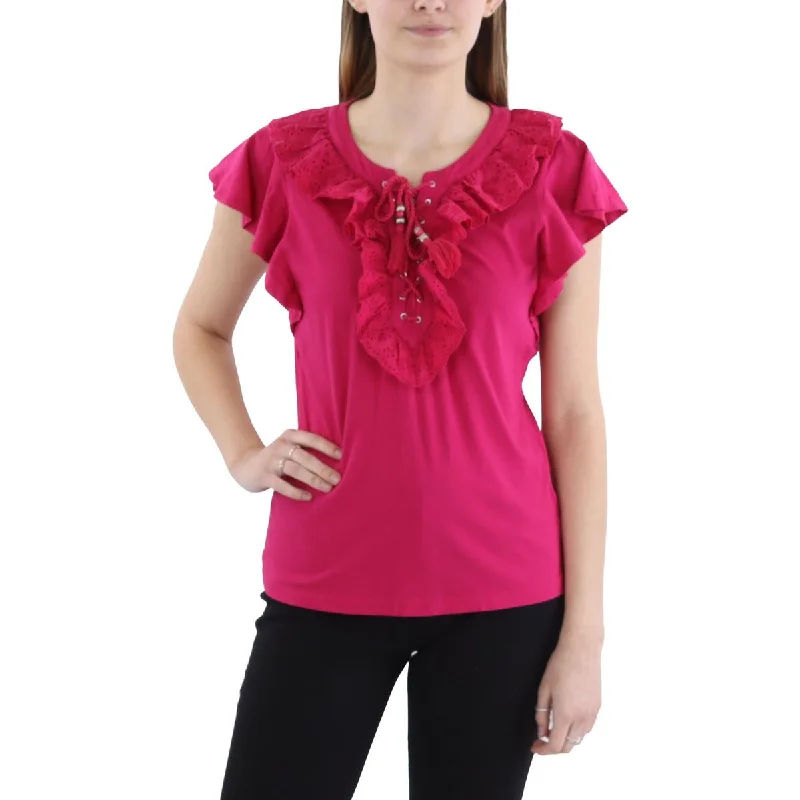 Womens Lace Up Ruffle Trim Pullover TopPulloverfuture