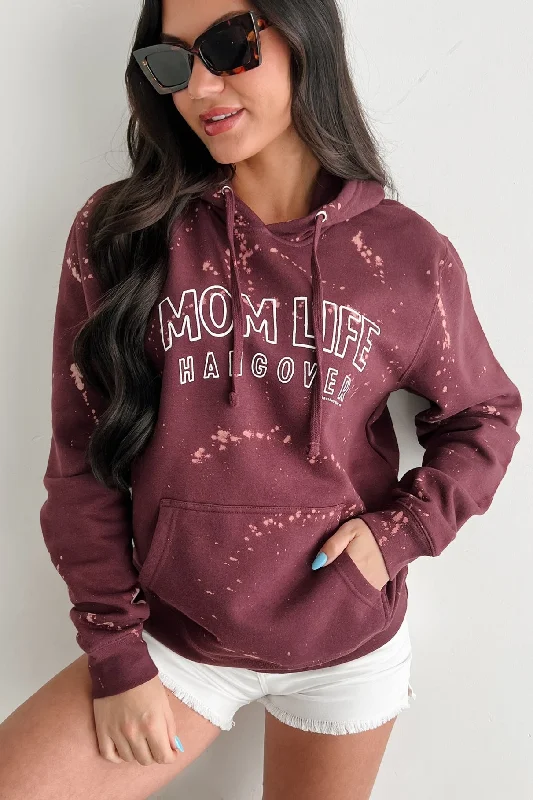 Polyester Hoodies"MOM LIFE HANGOVER' Bleached Graphic Hoodie (Maroon)