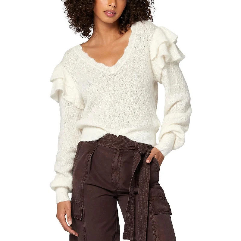 Womens Ruffled V-Neck Pullover SweaterPulloverchic