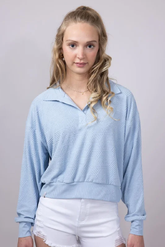 Simply Southern Geo Pattern Johnny Collar Pullover Top for Women in Ice Blue | PP-0125-PULL-TRY-ICEPullovershape